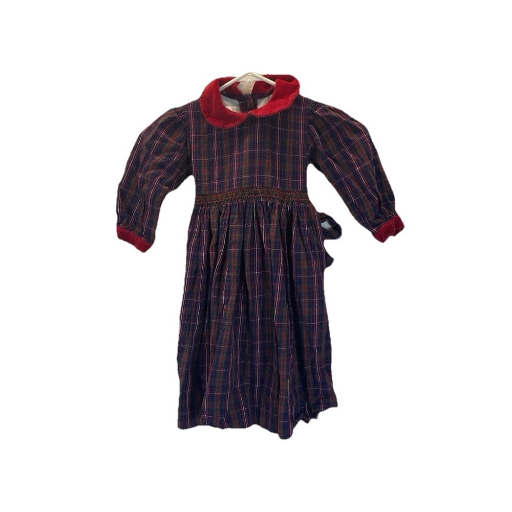 Strasburg 3Y RED‎ plaid Christmas dress, velvet trim long sleeve Holiday Festive